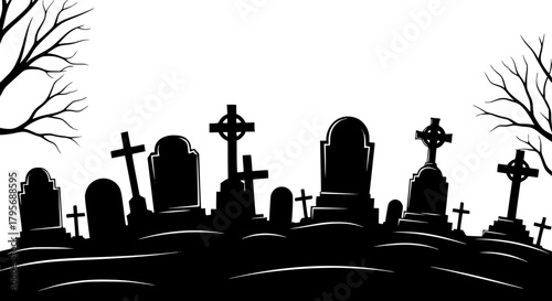 Graveyard silhouette. This image shows a graveyard with various tombstones and crosses in silhouette form, creating a spooky and eerie atmosphere. Vector clipart illustration design