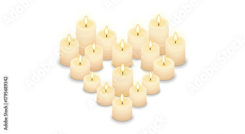 A heart shape formed by many lit candles on a white background