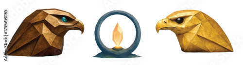 Two geometric golden eagle heads facing a central crystal portal