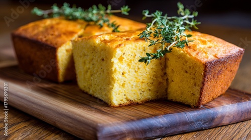Warm golden cornbread loaf with fresh herb garnish, perfectly baked and ready to serve on a rustic wooden board