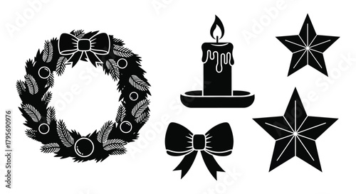 Collection of black silhouette christmas decorations including wreath candle stars and bow
