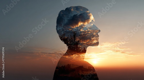 Envisioning boundless possibilities within a contemplative silhouette against a vibrant sunset sky