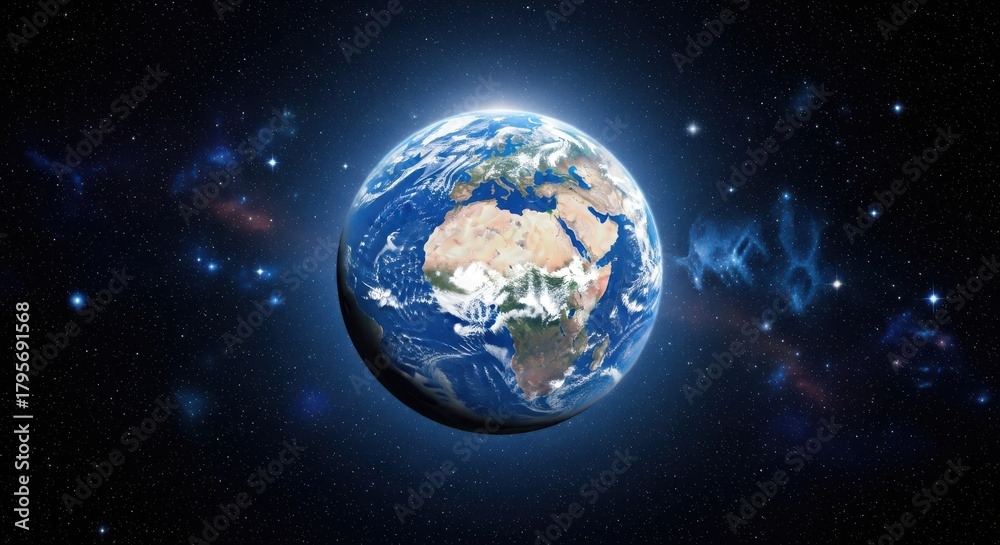 Fototapeta premium Planet earth seen from space, glowing with light and surrounded by a starfield, representing our world and the cosmos