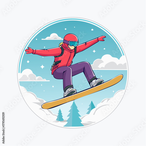 Dynamic flat vector illustration of a snowboarder catching air on a snowy winter day inside a circular frame