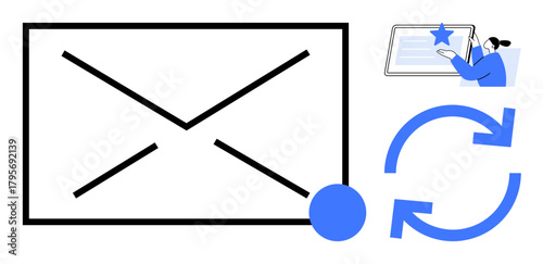 Large envelope icon, circular synchronization arrows, screen interaction with feedback star. Ideal for email organization, updates, user feedback, communication, productivity, task automation simple