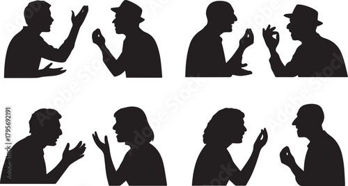 Italians. A collection of black silhouettes showing pairs of people engaged in lively conversation, using expressive hand gestures.