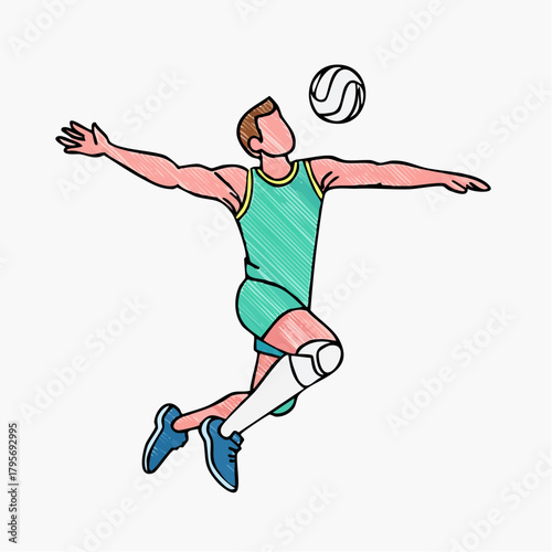 Volleyball player in action, jumping and hitting the ball during a game