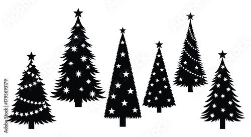 Collection of stylized black silhouettes of decorated christmas trees with stars and lights on a white background