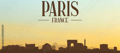 Panoramic poster of the city skyline with misty background buildings, hills sunrise, sunset and clouds of PARIS, FRANCE