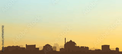 Panoramic poster of the city skyline with misty background buildings, hills sunrise, sunset and clouds of NEW DELHI, INDIA