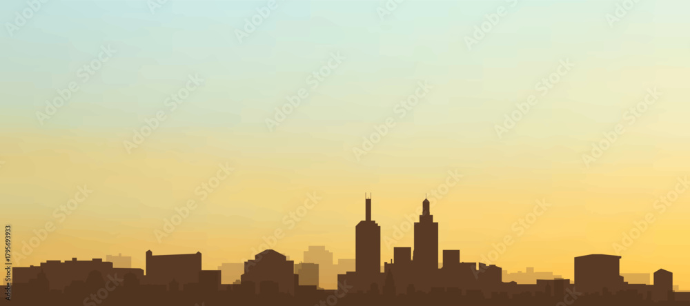 Obraz premium Panoramic poster of the city skyline with misty background buildings, hills sunrise, sunset and clouds of MELBOURNE, AUSTRALIA