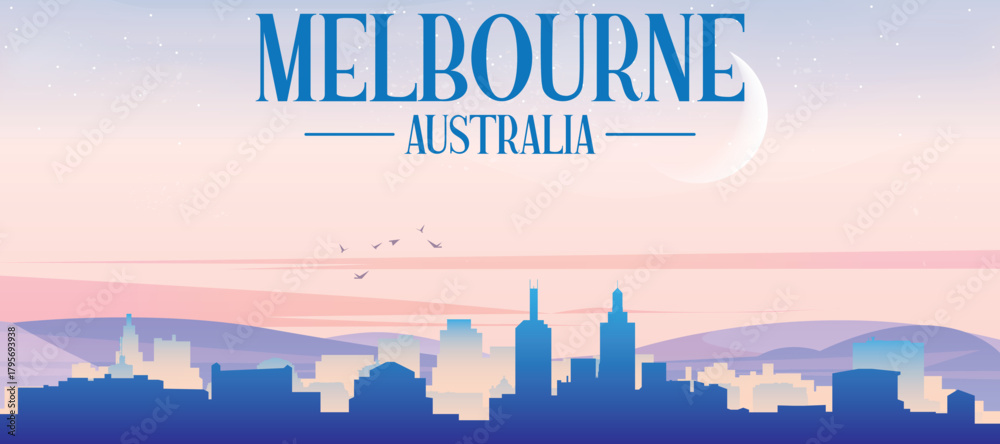 Fototapeta premium Panoramic poster of the city skyline with misty background buildings, hills sunrise, sunset and clouds of MELBOURNE, AUSTRALIA
