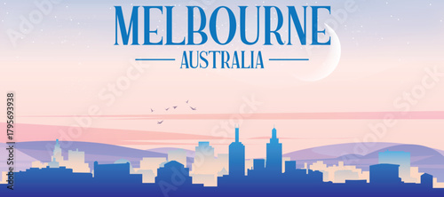 Panoramic poster of the city skyline with misty background buildings, hills sunrise, sunset and clouds of MELBOURNE, AUSTRALIA