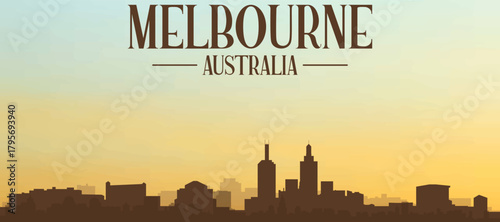 Panoramic poster of the city skyline with misty background buildings, hills sunrise, sunset and clouds of MELBOURNE, AUSTRALIA