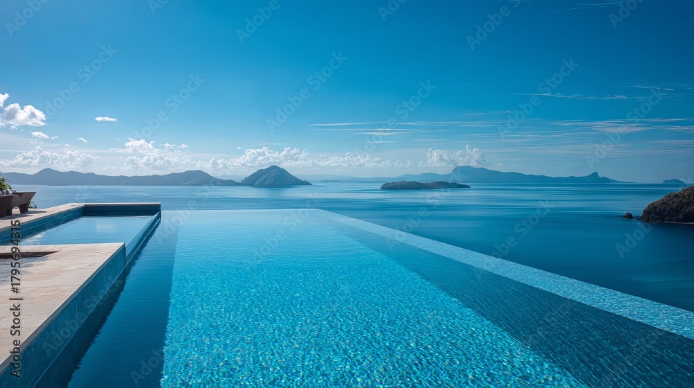 Fototapeta premium Stunning infinity pool overlooking tranquil ocean panorama with distant islands under a vibrant blue sky