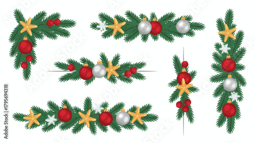 Christmas wreath set with holly berries in a festive vector illustration