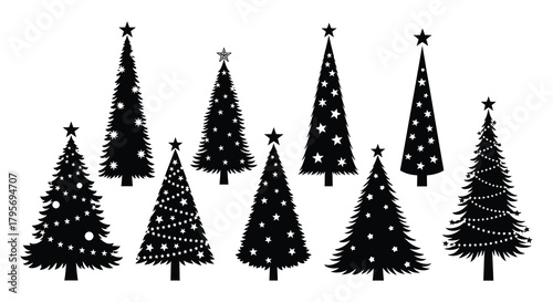 Collection of stylized black silhouette christmas trees with stars and lights on white background