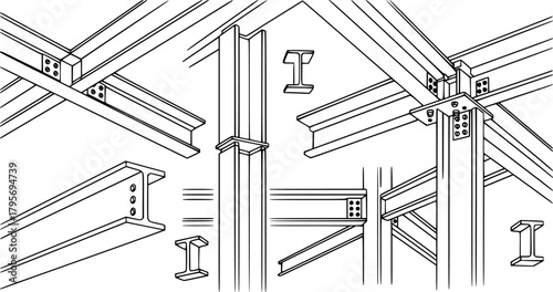 Construction elements and steel beams depicted in an architectural illustration with black outline
