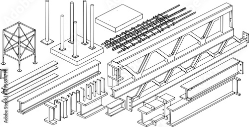 Construction elements and steel beams depicted in an architectural illustration with black outline
