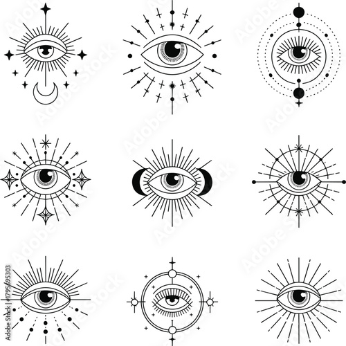 Nine Celestial Eye Symbols Black and White Line Art