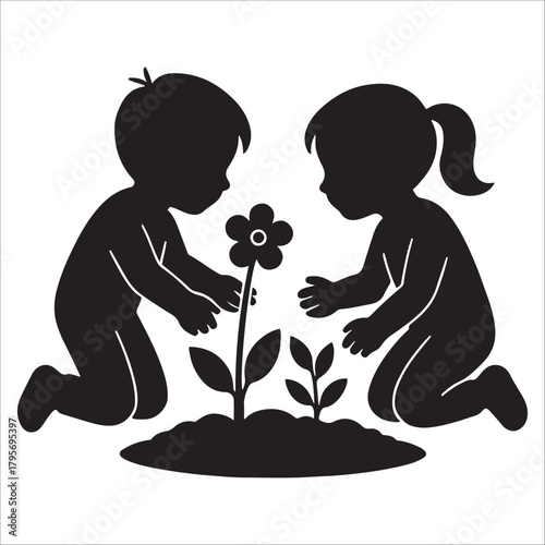 gardening silhouette vector Kids planting small flowers in soil, growth silhouette graphic