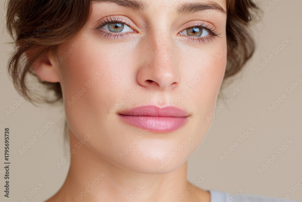 Obraz premium Close-up portrait of a young woman with natural makeup and soft features, showcasing beauty and confidence in a neutral background setting