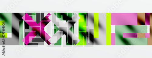 Abstract geometric composition. Overlapping rectangles, triangles create dynamic visual effect. Colors include green, pink, gray.