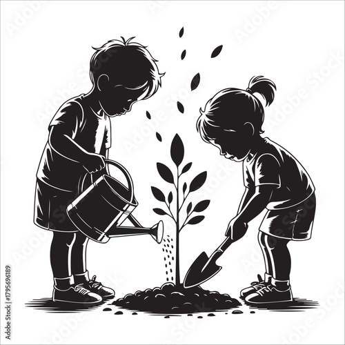 gardening silhouette vector Children planting tree and watering saplings, Eco-friendly future