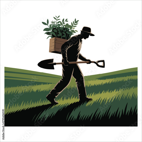 Farmer with plants and shovel ascending a green grassy slope