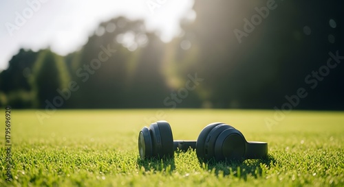 Fototapeta Naklejka Na Ścianę i Meble -  activewear greenery sunlight wellness, Wireless headphones resting on green grass in a sunlit park or g