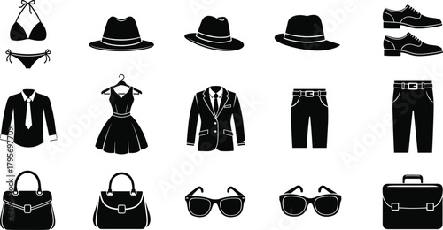 Fashion icon set, clothing silhouettes, accessories vector, fedora, sunglasses, handbags, blouse, suit, jeans, dress shoes, wardrobe elements, grid layout