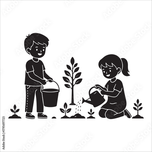 gardening silhouette vector Children planting tree and watering saplings, Eco-friendly future