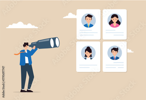 Recruiter using binoculars to look at candidate profiles long-range search detailed observation distant talent acquisition focused recruitment