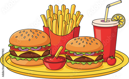 Fast food tray illustration, cheeseburgers with lettuce and tomato, French fries, soda cup with lemon, ketchup bowl, snack vector design