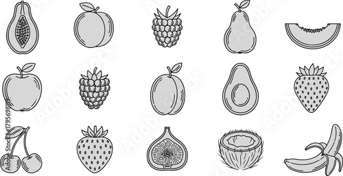 Fruit icon grid, black and white line drawings, stylized produce illustrations, educational food set, botanical outline vector, healthy nutrition symbols