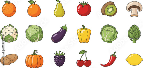 Fruit and vegetable grid, colorful produce icons, healthy food illustration, culinary and botanical set, dietary reference vector, educational nutrition design