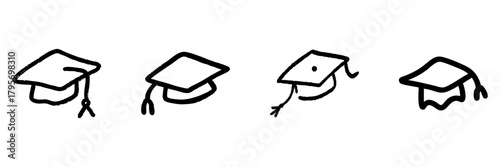 Graduation Cap Line Icon Set In Doodle Style. Academic Achievement And Education Celebration Outline Sketch Collection. Symbol Of Success And Learning. Hand Drawn Isolated Vector Illustration