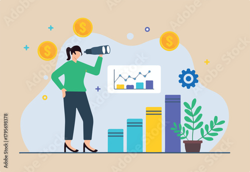 Flat illustration of woman using binoculars to spot business opportunities in digital marketplace