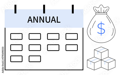 Annual calendar with money bag and stacked boxes representing monetary budgeting, financial goals, inventory planning, resource management, logistics, savings, and time allocation. Clean flat style
