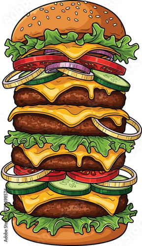 Giant cartoon hamburger illustration, stacked beef patties with cheese, colorful vegetable layers, exaggerated fast food vector, playful food art design