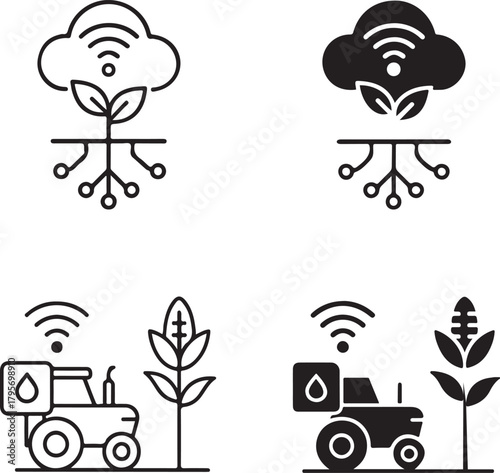 Isolated Smart Farm Icons black vector set, modern agriculture IoT icons, smart crop farming system symbols, minimal outline filled thin stroke, agritech technology vector design symbols