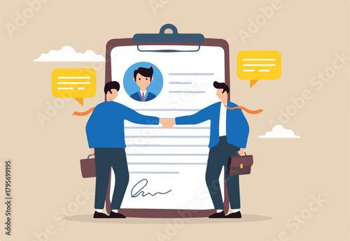 Flat illustration of two businessman shakes hands with new employee finalizing employment contract signature and recruitment agreement