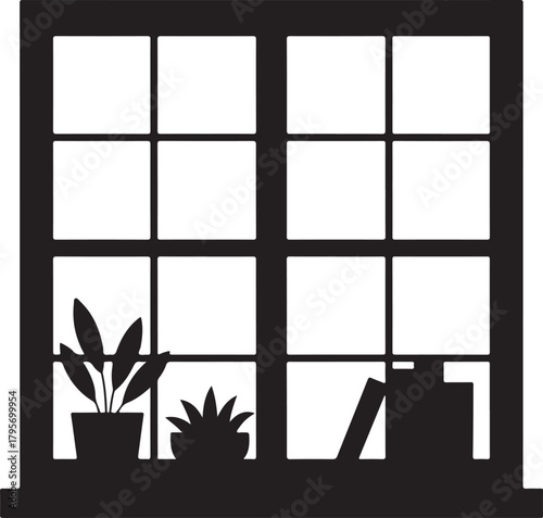 Scandinavian Window Sill Silhouette with Small Pots and Books