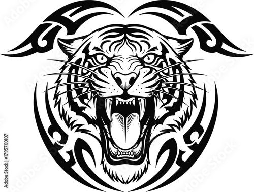 Roaring tiger head, tribal-style black and white illustration, symmetrical animal design, fierce wild cat vector, tattoo and logo art