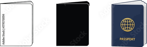 Passport identification illustrations in varied styles: outline, solid black silhouette, blue with golden globe 'passport' text.