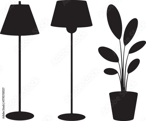 Scandinavian Floor Lamps and Standing Plants Silhouette Set