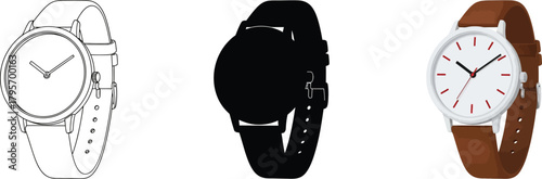 Set of three classic wristwatches: a precise line art outline, a bold black solid silhouette, and a stylish colored analog time teller illustration.