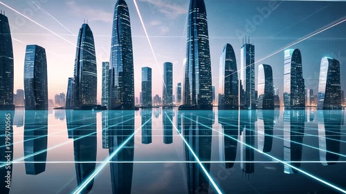 Futuristic city skyline with digital grid lines and reflections showing advanced urban technology concept