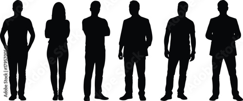 Standing people silhouettes, diverse body shapes, casual and formal attire, black vector illustration, posture variety, fashion icon set, social design concept