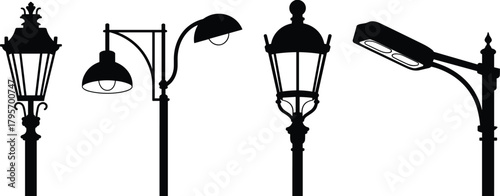 Street lamp silhouette set, vintage to modern designs, black vector illustration, urban lighting icons, architectural outdoor fixture collection